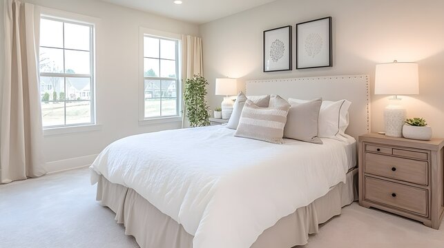 Bright and serene primary bedroom showcases neutral tones and ample natural light