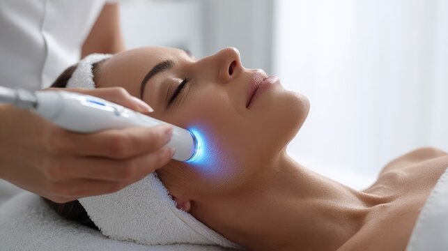 Close-up of UV light device emitting blue glow on clear skin, dermatology treatment for acne or skin disinfection, medical technology and skincare concept.
