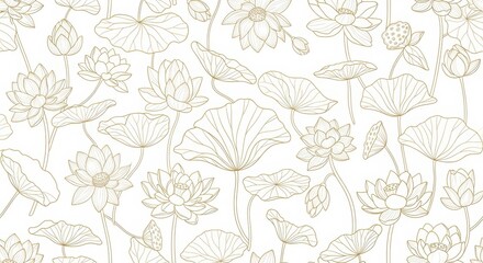 Fototapeta premium Elegant golden lotus flower pattern on white background, serene botanical design