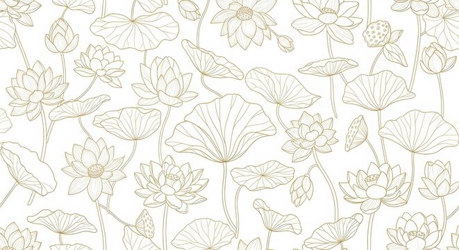 Elegant golden lotus flower pattern on white background, serene botanical design
