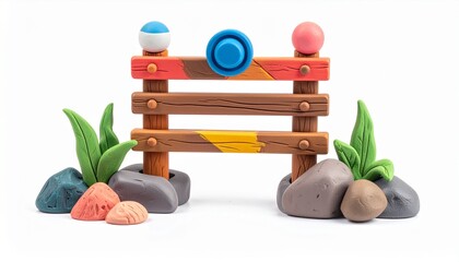 Colorful playset with a wooden fence and rocks for creative activities and imaginative play