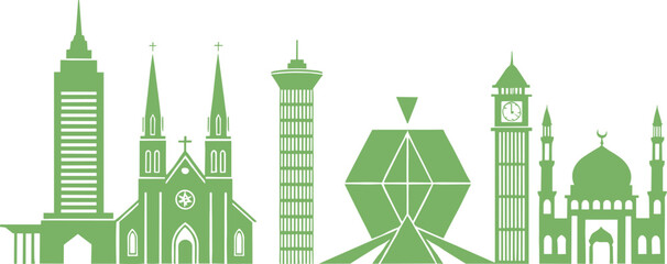 Global landmarks silhouette, green vector illustration, mosque with domes, cathedral spires, skyscraper, clock tower, cultural architecture, worldwide heritage design