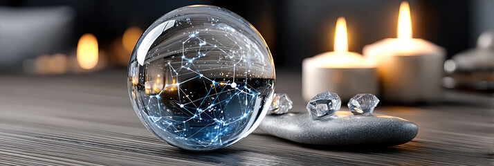 Astrology forecast scene with glowing crystal ball reflecting zodiac constellations, warm candlelight and mystical magical atmosphere, fortune telling concept, copy space