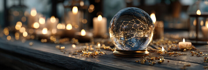Astrology forecast scene with glowing crystal ball reflecting zodiac constellations, warm candlelight and mystical magical atmosphere, fortune telling concept, copy space