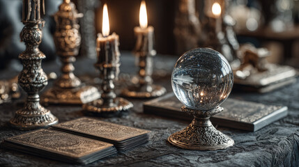Atmospheric fortune telling scene with glowing crystal ball, tarot cards and burning candles creating mystical mood and esoteric spiritual atmosphere, copy space