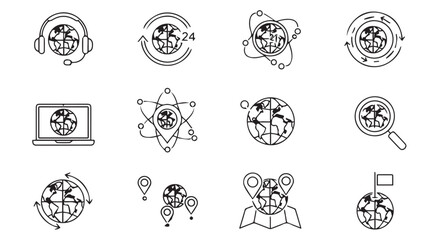 Fototapeta premium Global Networking and Services Icon Set with International Support and Worldwide Connection Concepts in Line Art Style