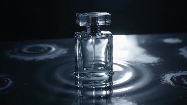 Elegant clear glass perfume bottle with water ripples on a reflective surface, highlighting luxury and fragrance.