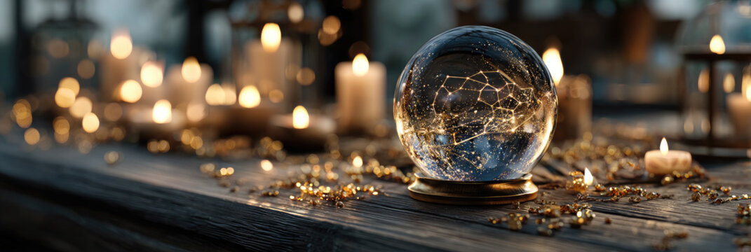 Astrology forecast scene with glowing crystal ball reflecting zodiac constellations, warm candlelight and mystical magical atmosphere, fortune telling concept, copy space