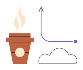 Coffee cup emitting steam, upward arrow on graph, and cloud element representing progress, growth, creativity, data trends, startup culture, brainstorming, innovation simple flat metaphor