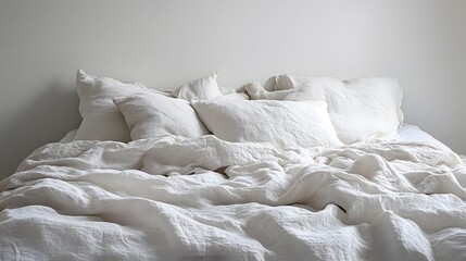 Abundant white linen bedding is artistically rumpled upon a bed against a neutral wall