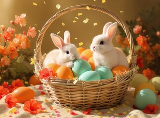 Adorable Easter basket overflowing with giant hand-painted eggs in soft orange, pale mint, and creamy white, surrounded by two fluffy white bunnies with innocent expressions, vibrant orange-red blosso
