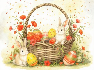 Adorable Easter basket overflowing with giant hand-painted eggs in soft orange, pale mint, and creamy white, surrounded by two fluffy white bunnies with innocent expressions, vibrant orange-red blosso