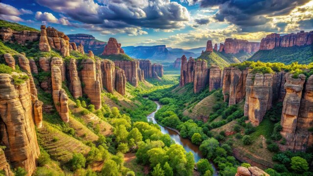 A serene landscape of a majestic canyon with towering rock formations and lush greenery