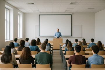 Obraz premium University classroom with teacher and simplified students forming bright structured academic scene shaped by clean interior and natural daylight supporting modern learning context