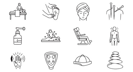 Diverse wellness and spa treatments represented through a collection of minimalist line icons, conveying relaxation and holistic healing
