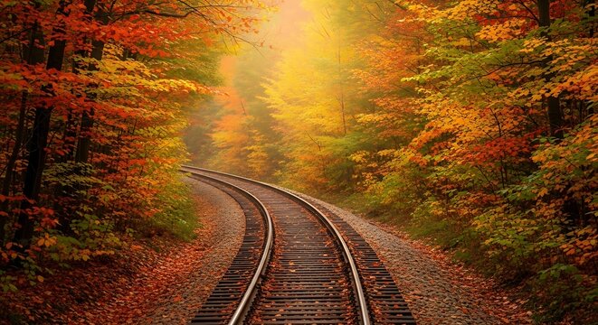 A curving railroad track disappears into a vibrant autumn forest bathed in golden light