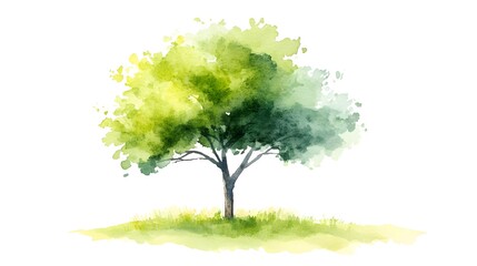 Watercolor painting depicts a solitary deciduous tree centered on a patch of grassy earth against a white background.