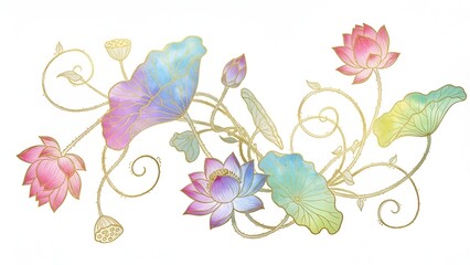 A beautiful decorative arrangement of multicolored lotus flowers and swirling golden vines in a watercolor style