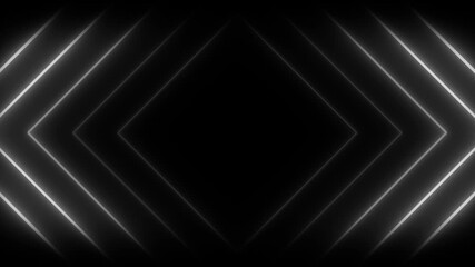 Abstract glowing motion design with white neon arrows on black background
