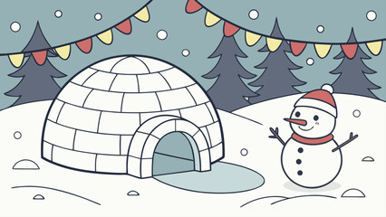 Illustration of an igloo and snowman in a snowy landscape with festive bunting hanging above them all