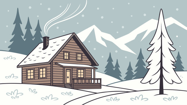 Illustration of a cozy cabin nestled in a snowy winter landscape with mountains and evergreen trees around it - Powered by Adobe