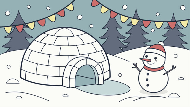 Illustration of an igloo and snowman in a snowy landscape with festive bunting hanging above them all