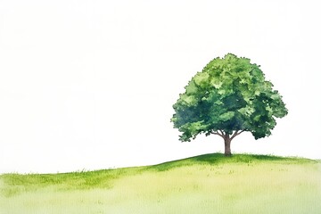 Single deciduous tree sits atop a gently rolling green hill depicted in a watercolor painting style