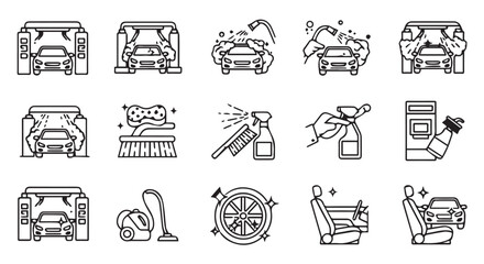 Comprehensive Car Wash Icon Set Depicting Various Cleaning Methods, Including Automatic Washes, Interior Detailing, and Cleaning Supplies
