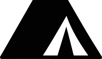 A minimalist black and white illustration of a tent, representing camping and outdoor adventures, a simple graphic icon suitable for various designs