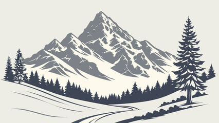 Fototapeta premium A snowy mountain landscape with evergreen trees and a winding path through the snow covered valley floor