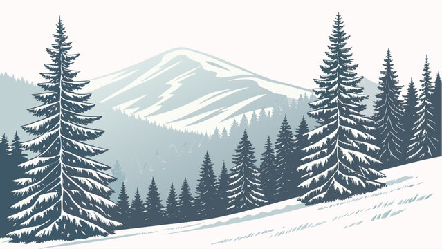 A winter landscape with snow covered ground and pine trees against a mountain backdrop scene view