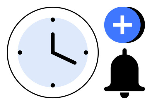 Time management concept. Clock efficient planning, with bell for notifications and add reminder icon. Time tracking and reminders for productivity, scheduling, and task organization. Suitable