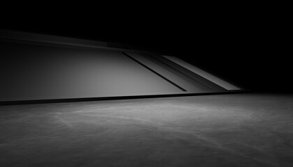 3d rendering of white neon glowing spaceship corridor hallway dark background. Scene for advertising, showroom, technology, future, modern, E sport, game, garage. Sci Fi Illustration. Product display