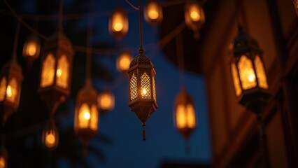 Hanging ornate arabic lanterns with glowing crescent moon motifs at twilight blue hour creating magical bokeh atmosphere, traditional ramadan lighting scene, concept of ramadan kareem, eid mubarak