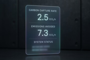 Futuristic transparent display showing carbon capture statistics including emission rates and system status in a high tech monitoring interface.