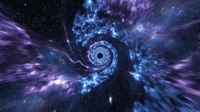 Cosmic Portal: Witness a breathtaking journey through a swirling portal in space, a mesmerizing blend of colors, light and shadow that lead into the unknown.