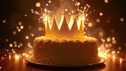 Golden birthday cake topped with sparkling crown and burning sparklers on warm bokeh background, concept of luxury celebrations, premium bakeries, milestone birthdays
