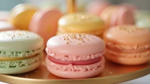 Colorful pastel macarons arranged on golden tray with delicate sugar pearls closeup, soft bokeh background, concept of patisserie, wedding catering, bakery branding