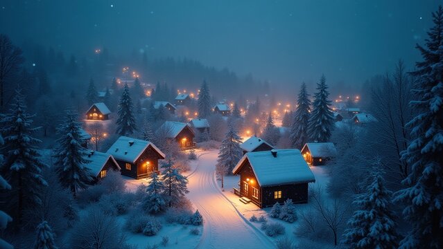 Snowy alpine village with cozy wooden chalets glowing warmly at night during gentle snowfall, concept of christmas, winter holidays, travel agencies