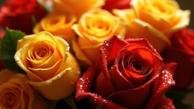 Closeup of fresh red and yellow roses with water droplets on velvet petals, rich warm tones bouquet, concept of valentines day, flower delivery, romantic gifts