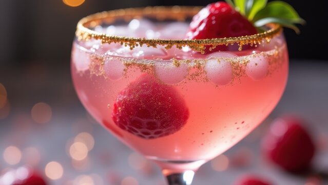 Elegant pink cocktail with gold sugar rim fresh raspberry and ice cubes in coupe glass against dark bokeh, concept of valentines day, luxury bars, wedding receptions