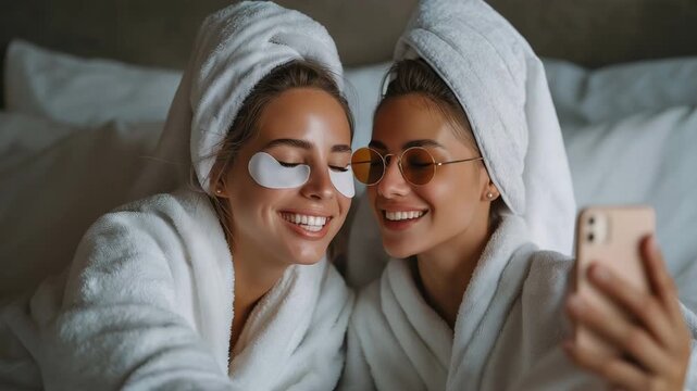Two contented ladies with towels on their heads and under-eye patches are snapping selfies.