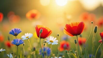 Fototapeta premium Vibrant red poppies mixed with blue cornflowers and white daisies in wildflower meadow at golden sunset, concept of summer fields, remembrance day, natural cosmetics