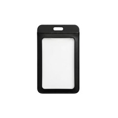 Black vertical id card holder with blank insert isolated on transparent background