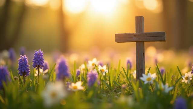 Wooden cross rising from green grass among purple hyacinths and white narcissus under golden sunrise light, concept of easter resurrection, christian hope, memorial services