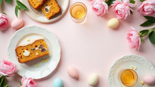 Easter breakfast flatlay with carrot cake slices, pastel eggs, pink peonies and orange juice on soft pink table with copyspace, concept of easter brunch, bakery promotion, spring gatherings