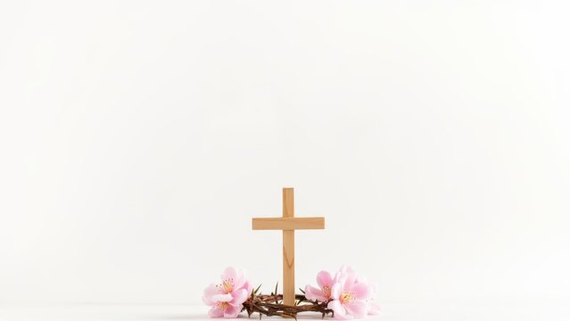 Minimal wooden cross with crown of thorns and delicate pink cherry blossoms on white background with copyspace, concept of good friday, easter faith, christian greeting cards