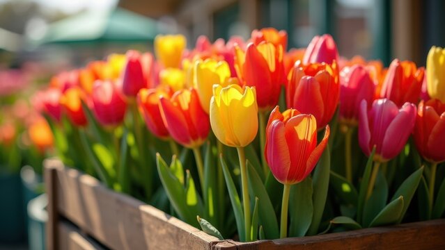 Vibrant red and yellow tulips bouquet in wooden crate against blurred spring garden background, concept of mothers day, flower delivery, easter greetings