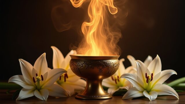 Golden incense burner with rising flame and smoke surrounded by pure white lilies on dark background, concept of orthodox easter, catholic liturgy, funeral services