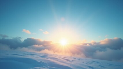Dramatic sunrise with golden rays breaking through clouds over snowy winter field and frosted bushes, concept of groundhog day, early spring hope, weather transition